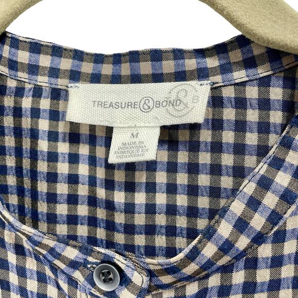 Treasure & Bond Blue Gray Plaid Button Up Long Sleeve Babydoll Dress Ruffle - Picture 6 of 9